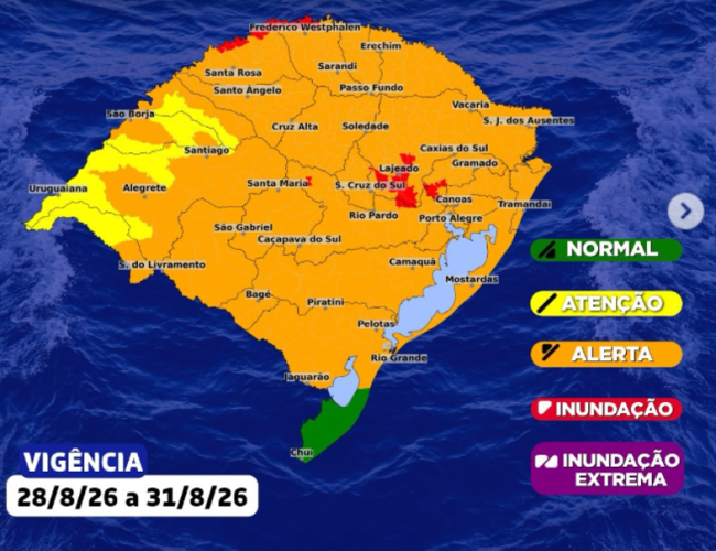 Defesa Civil emite aviso sobre possibilidade de cheias em rios do Rio Grande do Sul nos próximos dias